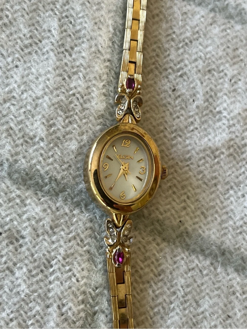 Elgin Women's Gold-Tone Oval Bracelet Watch with Pink Gem Accents